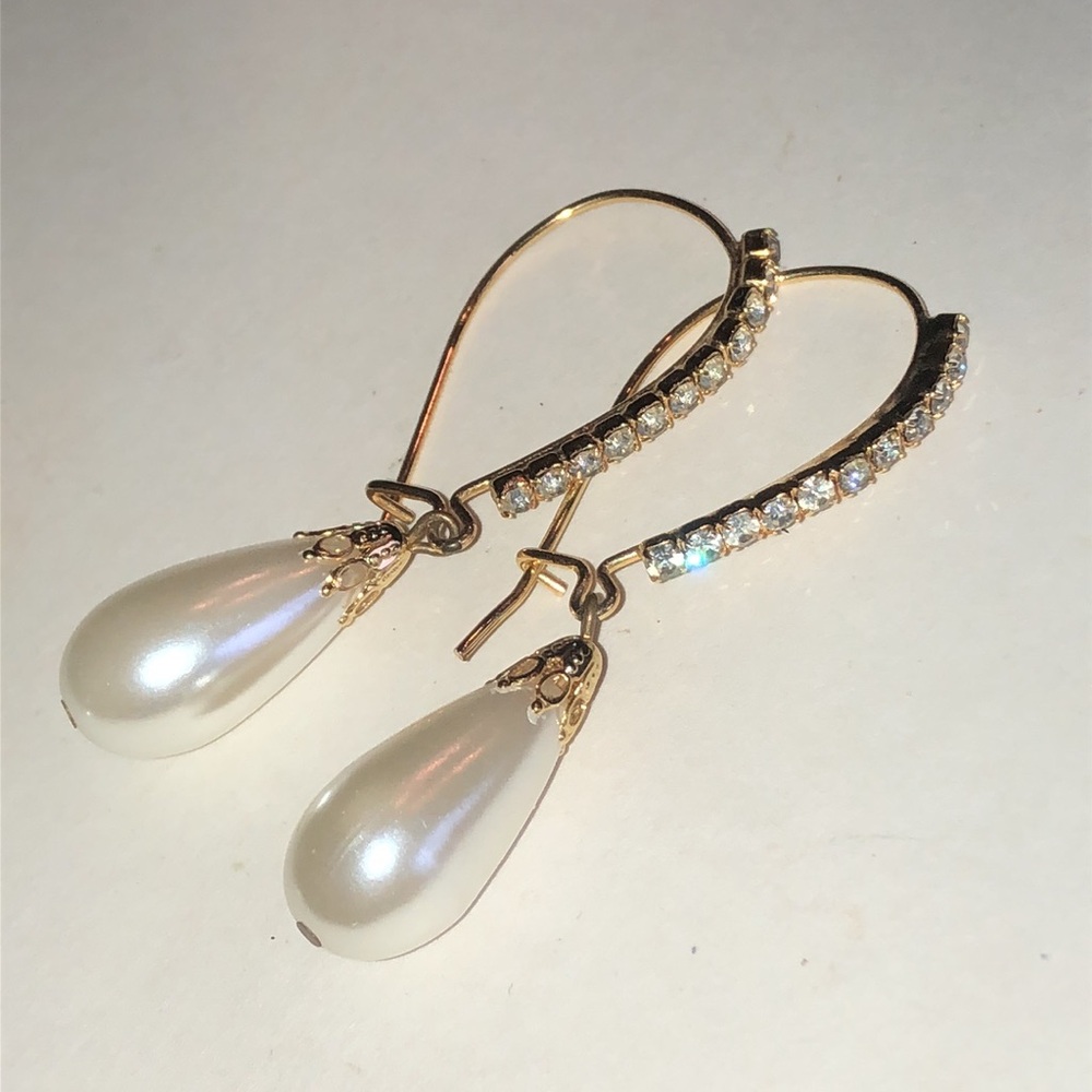 Gold Tone Teardrop Faux Pearl Dangle Earrings with Crystal Accents
